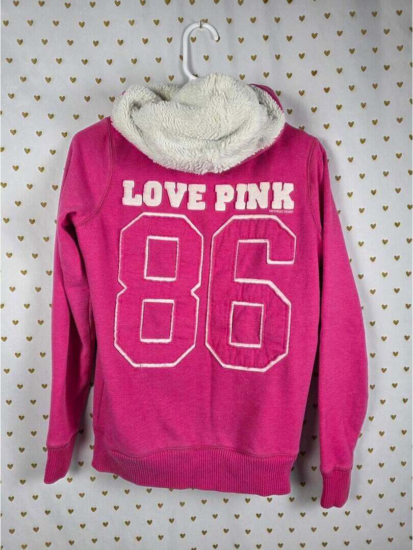 Victorias Secret Pink Vintage Embroidered Love Hoodie Y2k Fur Lined Small